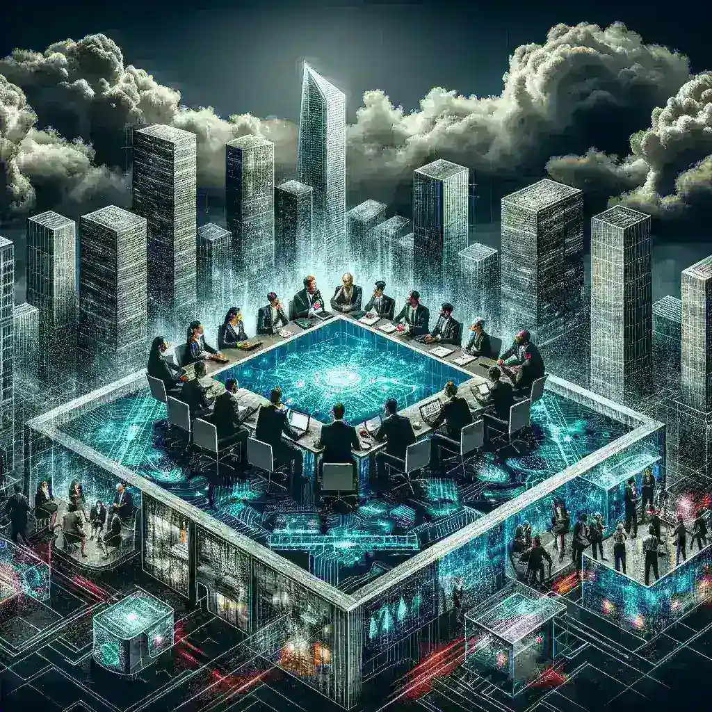 "Illustration of internal tensions at OpenAI, depicting team members in a boardroom debate, with Microsoft logo in the background representing the profit-share dispute."