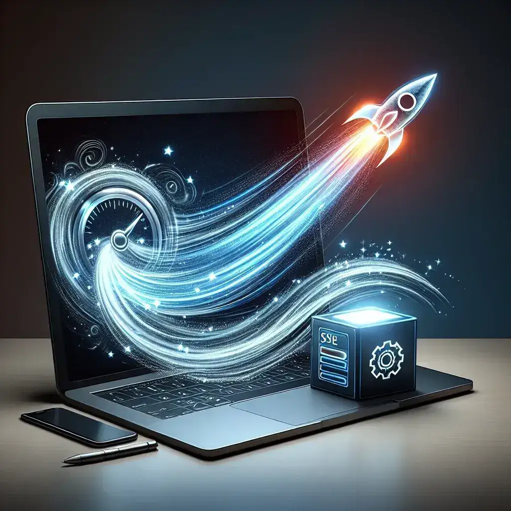 "Person using laptop with speed optimization software displayed on screen, showcasing tips on how to speed up a slow laptop."