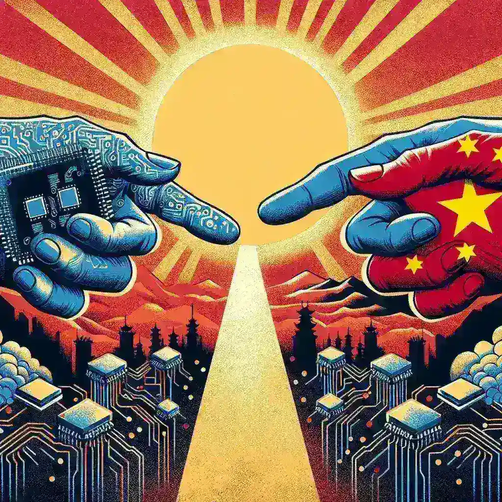 "US government officials announce the lifting of chip software restrictions on China, symbolizing a potential thaw in trade relations, with a backdrop of technology and economic graphics."